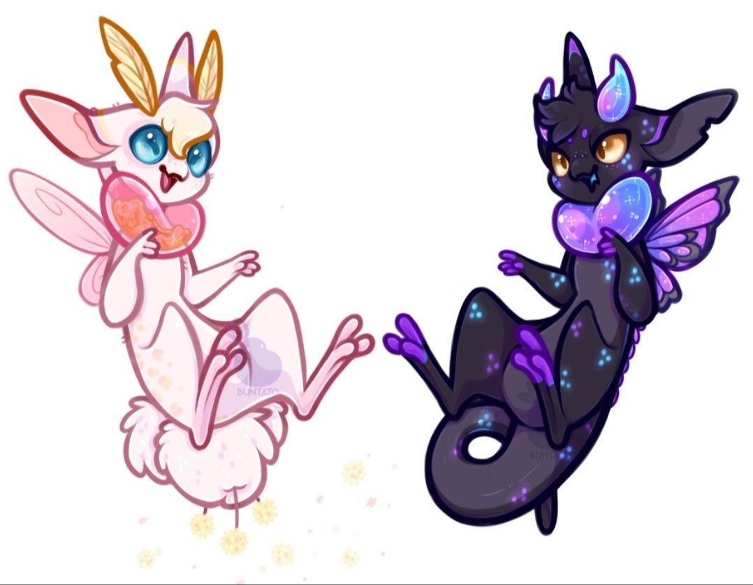 two cartoon fantasy creatures are shown in the image. one is a pink and white rabbitlike creature with fairy wings. it has large blue eyes and is holding a heart. the other creature is a black and purple dragonlike creature with fairy wings. it has glowing yellow eyes and is also holding a heart.