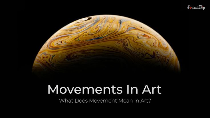 the image features a vibrant abstract swirl pattern in bold colors. the colors are primarily yellows and browns with hints of blue and purple. the background is black, which allows the colors of the swirl to really pop out. the text "movements in art" is in white and is superimposed over the swirl. below the text is the question "what does movement mean in art?" in a smaller font.