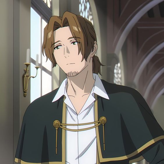 the image features a young man with shoulderlength brown hair partially tied back, sporting a neatly trimmed beard and mustache. he possesses striking green eyes that gaze directly at the viewer, conveying a sense of calm attentiveness. his attire consists of a sophisticated ensemble suggestive of a prestigious institution's uniform. a white, highcollared shirt serves as the base, layered with a distinctive black, longsleeved overgarment adorned with gold accents. the setting appears to be an expansive hall within a grand, possibly historic, building. soaring arched windows dominate the background, permitting abundant natural light to flood the space and illuminate the scene. the overall ambiance exudes an air of academic solemnity, hinting at the man's potential scholarly or authoritative role. content:  man uniform building people: man  environment: indoor hall  lighting:  bright natural  perspective: eyelevel kw: anime  portrait  male student academy  elegant historical windows  calm  serious  confident  intelligent