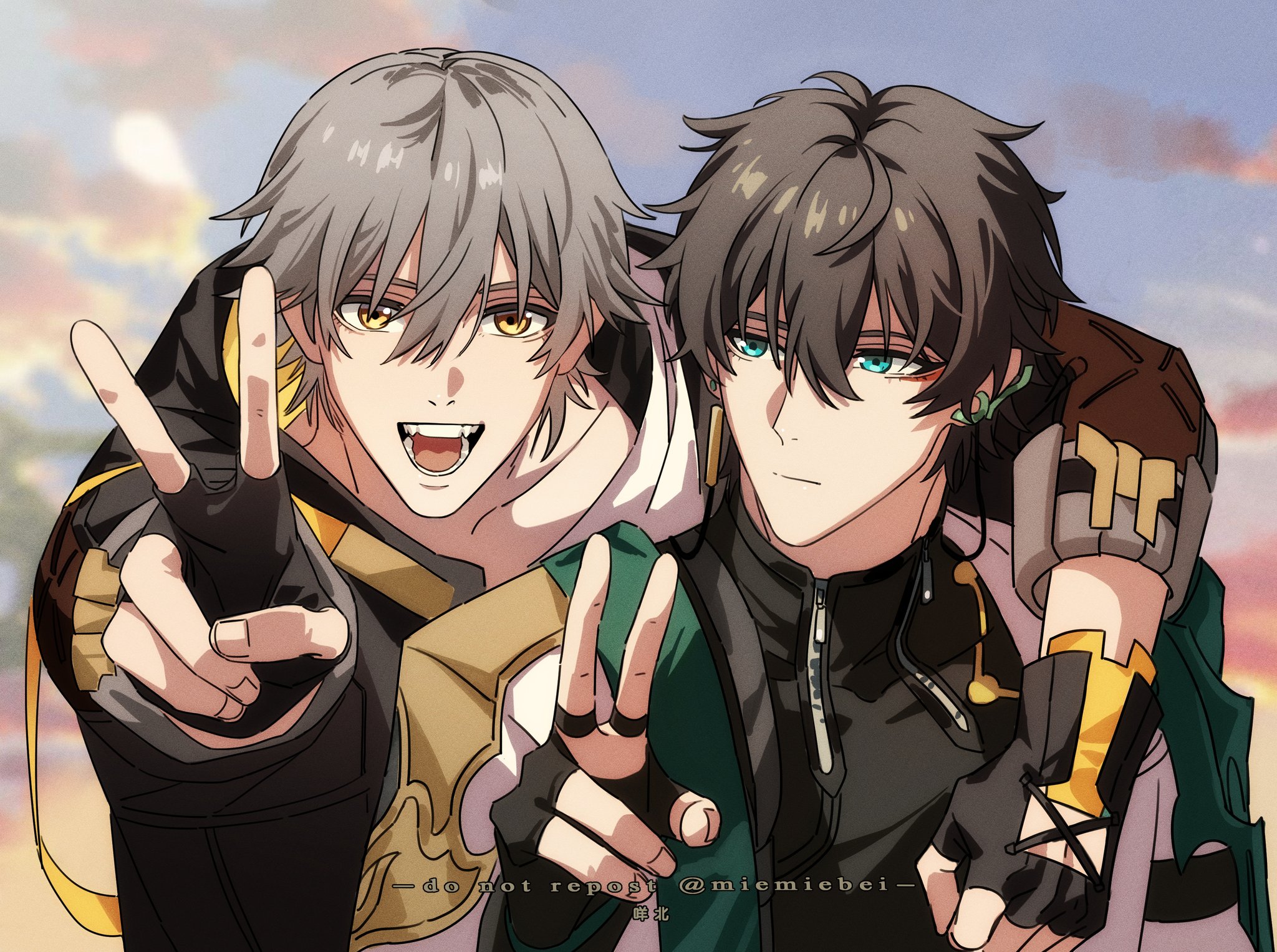 the image shows two anime boys standing sidebyside and making peace signs with their hands, one of them is smiling while the other one has a serious expression, they look like they are friends.  the style of the image is digital, with soft colors and shading that gives it a warm feel. the image could be a fanart of a popular anime or manga series, the art style and the characters' appearances suggest it.  there are hints of yellow, brown, and green colors throughout the image that accentuate the characters' outfits and their surroundings. the background is a blur of soft colors, suggesting a peaceful and serene atmosphere. the image evokes feelings of warmth, friendship, and a sense of peace.