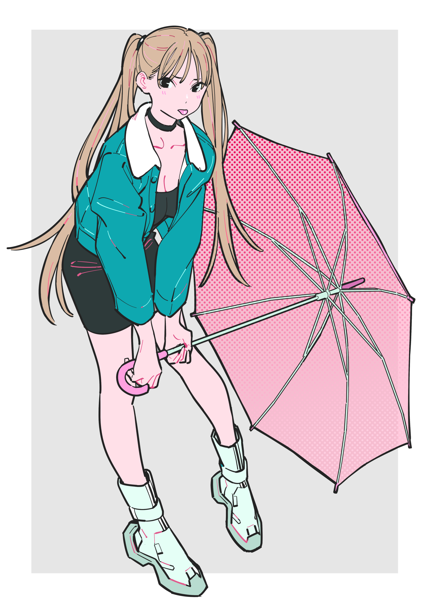 the image is a digital illustration in a vibrant manga/anime style. it depicts a young woman with long blonde pigtails, wearing a teal denim jacket over a black top and short black skirt.  she's sporting chunky, light teal boots and is holding a light pink umbrella, which appears slightly bent or damaged. the art style is characterized by clean lines, bold colors, and a slightly exaggerated, cute aesthetic. the background is a simple light grey.  the overall mood is cheerful and slightly playful.