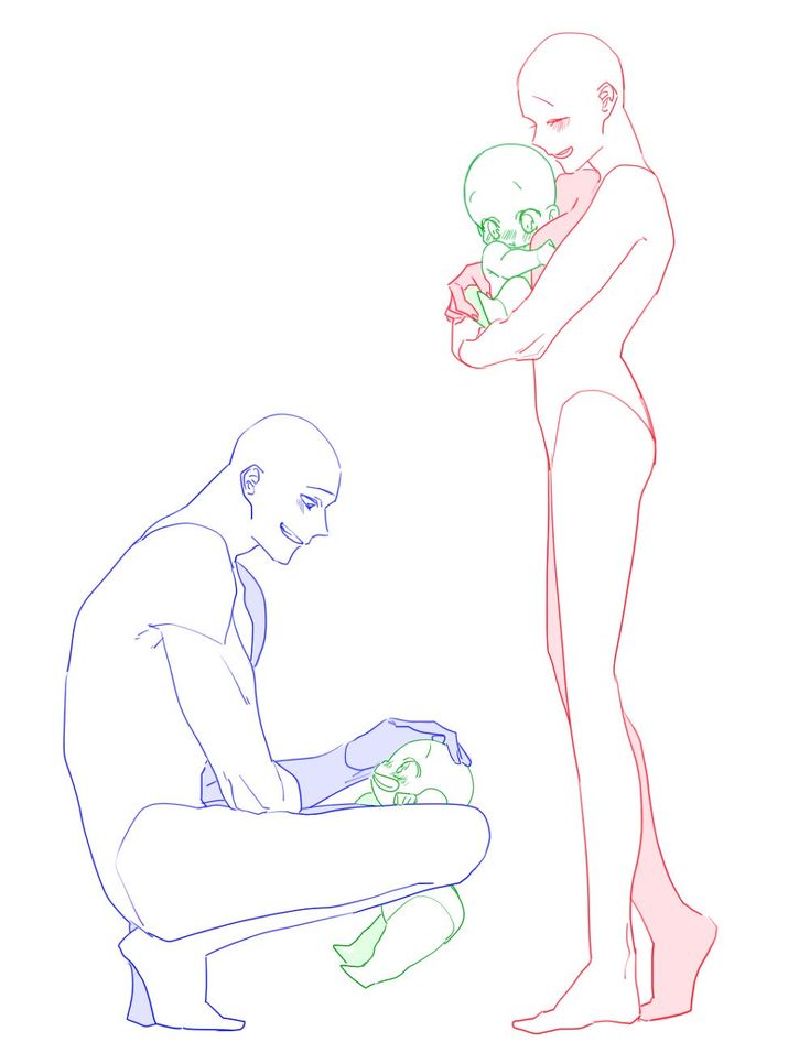 this is a line art sketch of a couple, with one parent kneeling and holding one baby while the other stands and holds the other baby.  the line art is very basic and simple, and is suitable for use as a pose reference.