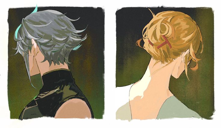 the image is a digital illustration featuring two stylized female characters, only their backs are visible.  the artwork is done in a soft, painterly style with a muted color palette. on the left is a person with short, choppy gray hair that has a hint of teal at the ends. this character is wearing a dark, almost black, top with a high collar. on the right is a person with blonde hair styled in a loose bun adorned with a red barrette. this character is wearing a light, sage green garment. both figures are depicted against a dark, greenishbrown background, creating a contrast that emphasizes their elegant postures. the overall mood is one of quiet sophistication and artistic flair, reminiscent of anime or manga character designs.