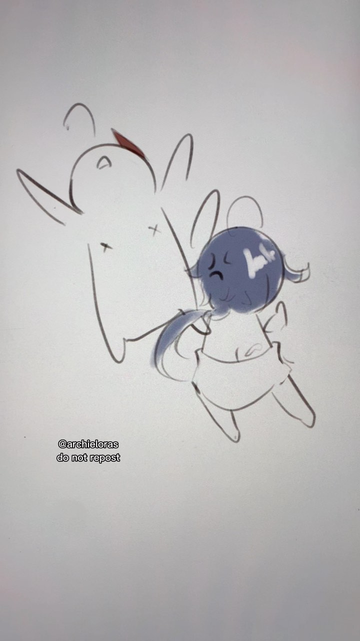 the image is a simple, light sketch or doodle of two cartoon characters.  one appears to be a larger, white rabbitlike figure with a brown marking. the other is smaller, blue, and rounder, possibly a mouse or similar creature. the blue character seems to be hugging or being embraced by the white character. the style is childlike and whimsical, with minimal detail and soft lines. a watermark at the bottom reads "@archieloras do not repost". the background is plain white.
