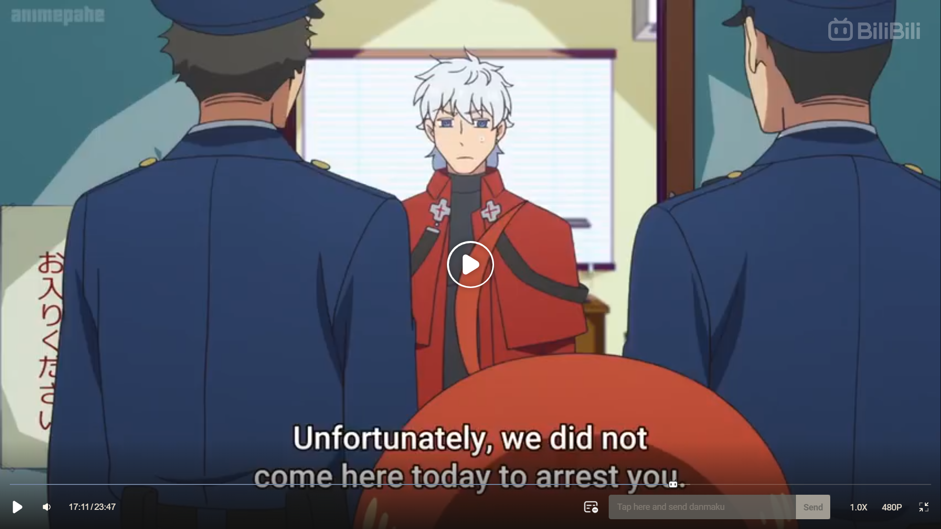 the image is a screenshot from an anime, showing a tense scene. two uniformed police officers are flanking a whitehaired young man wearing a red coat.  the setting appears to be a police station, indicated by the uniforms and the sign on the door in japanese.  the characters are engaged in a serious conversation. the presence of the subtitle “unfortunately, we did not come here today to arrest you” suggests that while the police officers are not there to arrest the young man at that moment, the situation could be serious.