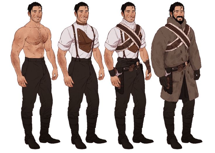 the image is a digital illustration of a man wearing different outfits. the man is drawn with a muscular body and dark hair. he is smiling in each image and his face and features are similar.  he is standing in a simple pose, and he is wearing a variety of clothing, including a white shirt, black pants, and black boots. the clothing styles in the images suggest a steampunk or western fantasy aesthetic.  he is wearing different accessories in each image, suggesting a progression of style. the image is welldrawn and detailed, and it captures the character's personality and style.