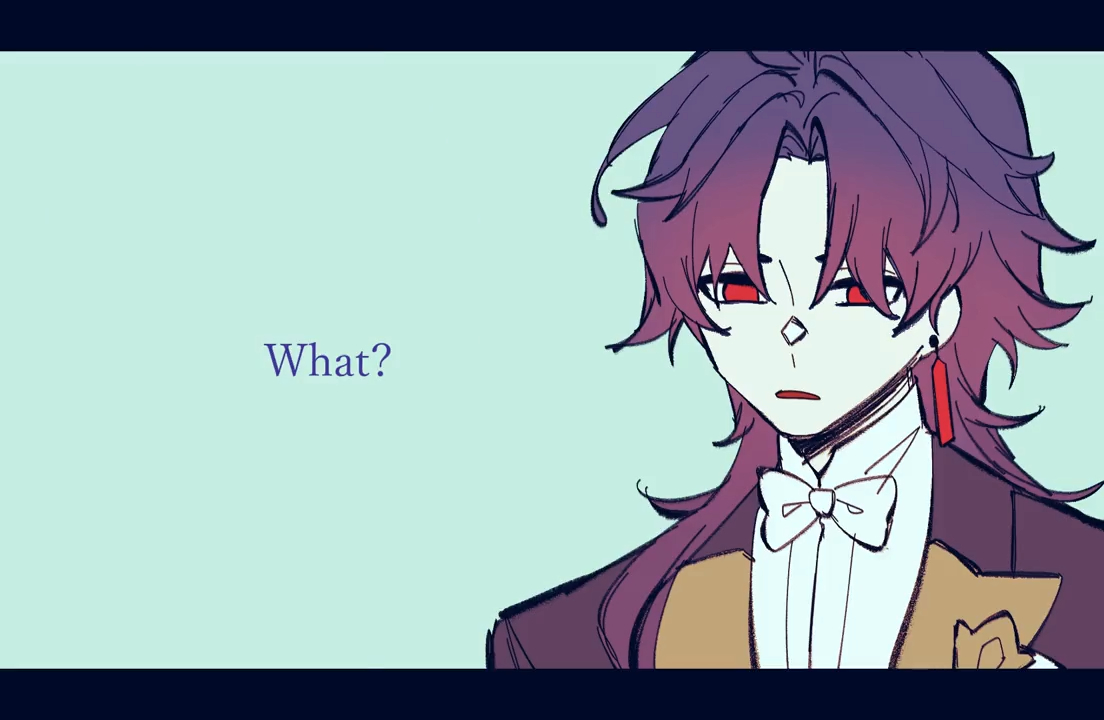 the image is an illustration of an anime character with purple hair and red eyes. he is wearing a white shirt with a bow tie and a suit. the character is looking to the side with a surprised and confused expression, and the text "what?" is written next to him. the background is a light blue color. the image is drawn in a cartoon style and is likely from a manga or anime. the character is in a formal suit and has an elegant appearance. the "what" text suggests that he is surprised or confused by something. the image captures a moment of suspense or intrigue.