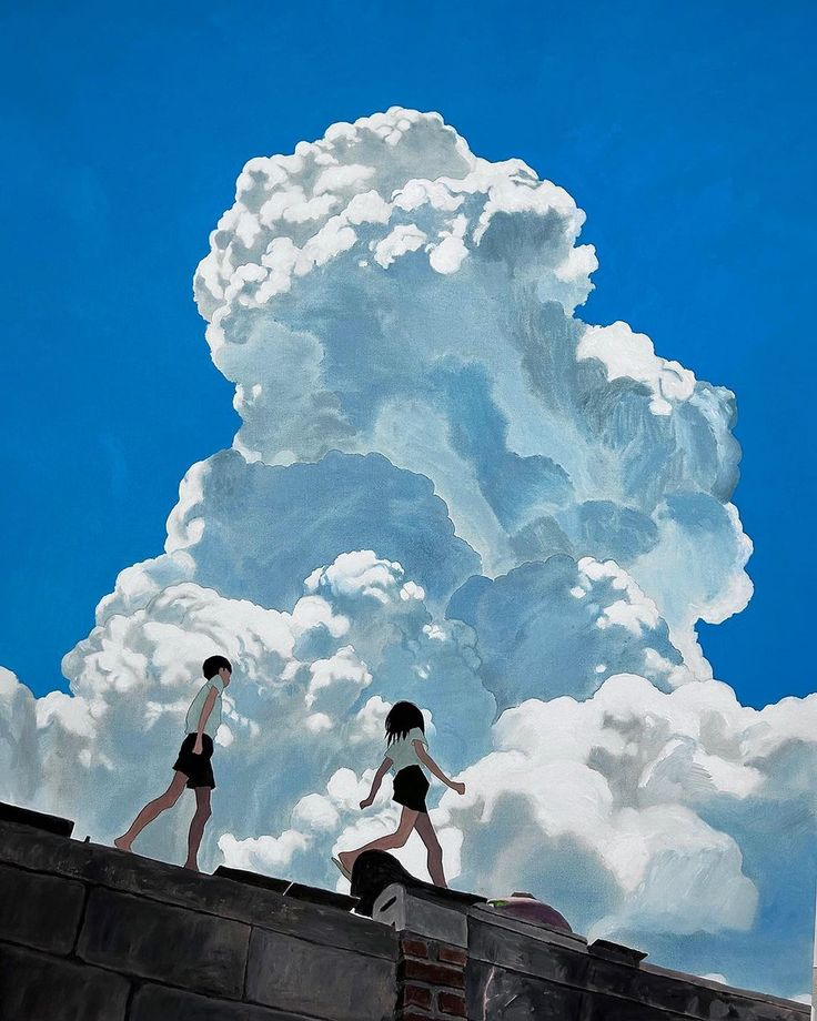 a painting in an anime style depicts two children, a girl and a boy, running barefoot on a rooftop. a massive cumulus cloud formation fills the background, set against a bright blue sky. the rooftop is painted in muted grays and browns, contrasting with the vibrant blue and white of the sky and clouds.