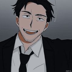 a digital illustration of a man with short dark hair and brown eyes, wearing a suit with a white shirt and black tie. he is smiling with his mouth slightly open, showing his teeth. the background is gray with a white line on the top right corner. the lighting is soft, and the overall tone of the image is cool.