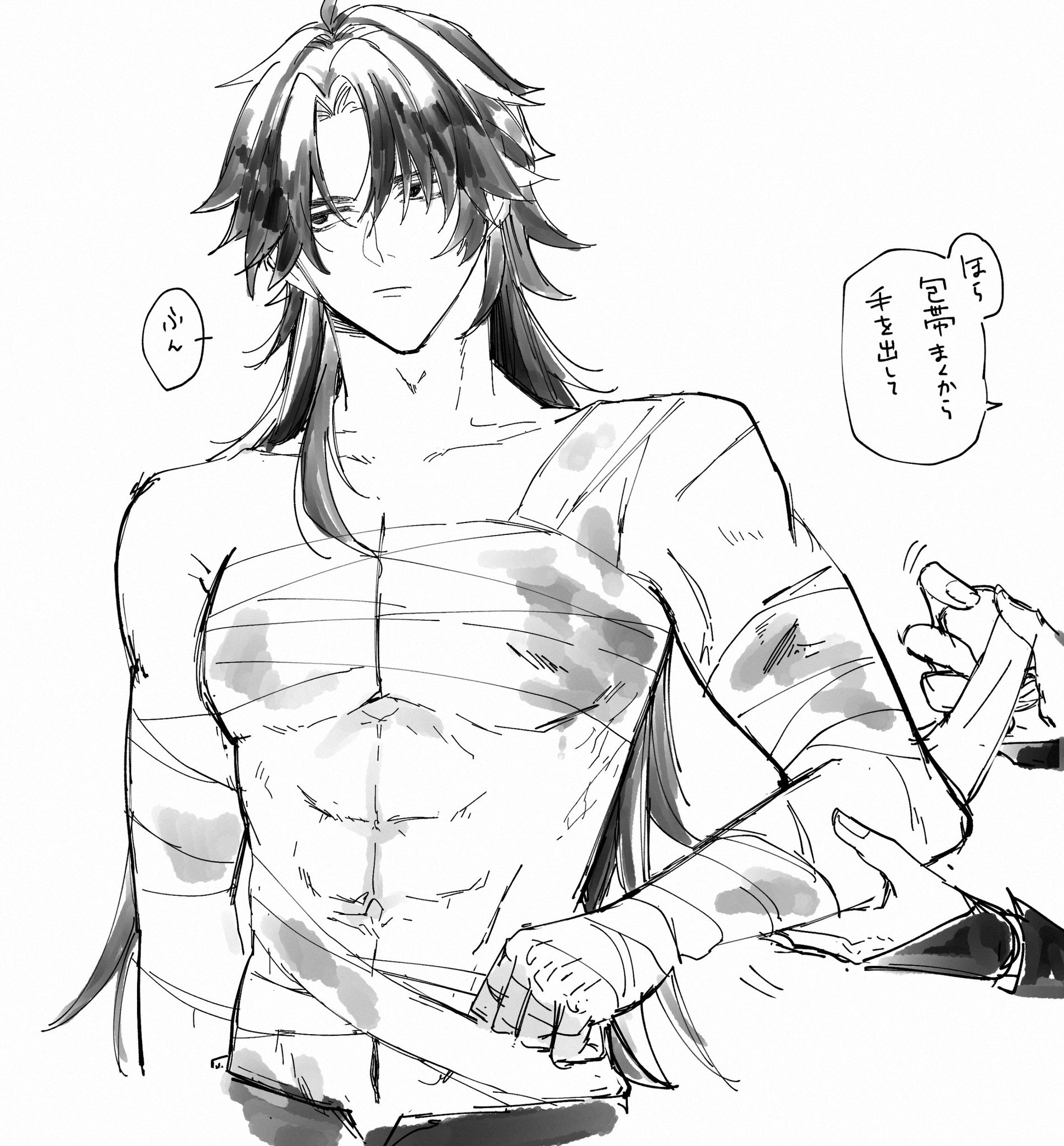 a sketch of a man with long black hair. he is bandaged up from the waist to his forearms. he has a sad expression and is holding his arm as if he is in pain. there are speech bubbles in the image, though it is not clear what the text says.