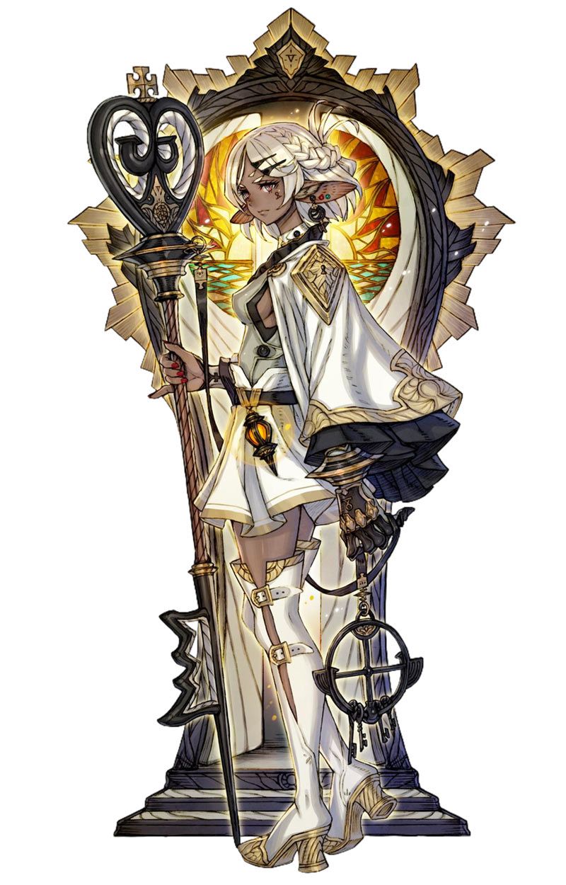 a female character with pale skin, pointy ears, and white hair tied in a braid. she's wearing a short white dress and thighhigh boots, and is holding a staff in her right hand. she's standing in front of a stainedglass window.