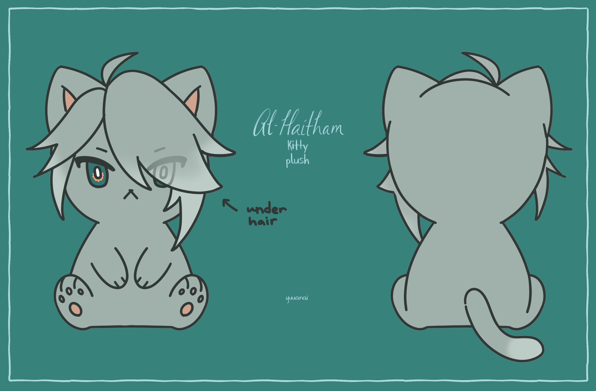 this is a digital illustration of a chibi version of alhaitham from genshin impact as a plush kitty.  the image is in a cute style and has a light green background. the illustration shows both the front and back of the plush kitty.