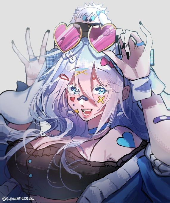the image is a vibrant digital drawing of an animestyle girl with long, light purple and white hair. she's wearing a darkcolored top with blue accents, a light blue jacket or shirt, and large, heartshaped pink sunglasses.  a small, white creature with dark sunglasses sits on top of her head. the girl has playful stickers and bandages on her face, adding to her whimsical and cute appearance. her expression is happy and slightly mischievous. the art style is expressive and uses soft, pastel colours. the overall mood is lighthearted and charming.