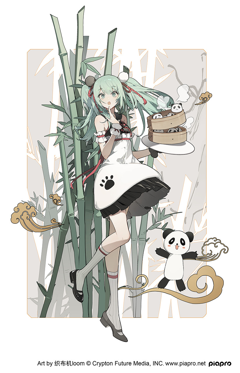 a digital illustration shows an animestyle girl holding a tray of dim sum while standing next to bamboo. the girl has light green hair and is wearing a white dress with a panda paw print on it and black trim. she has white puffy balls in her hair. she is holding a round white tray with a stacked bamboo steamer full of pandashaped buns. a panda is standing to the right of her on a golden cloud. golden clouds and additional stalks of bamboo can be seen around the scene. the background is a lighter color and contains some additional bamboo. there is a thin gold border around the majority of the image. below the image is a copyright notice.