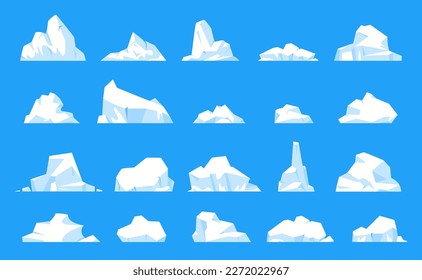 the image shows 20 different cartoonstyle illustrations of icebergs against a bright blue background. the icebergs vary in size and shape, but all have a white color scheme.