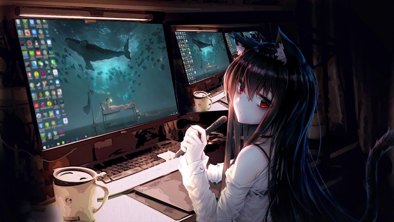 the image depicts an anime girl with long black hair and cat ears, seated at a desk in a dimly lit room. she's using a stylus and graphic tablet, seemingly engaged in digital art.  two computer monitors are in front of her, both displaying an underwater scene with whales and bioluminescent fish as their wallpaper. the windows desktop interface is visible on the screens. the overall mood is cozy and artistic, suggesting a creative space at night. the style is a blend of realistic anime character rendering with a more painterly, somewhat stylized background.