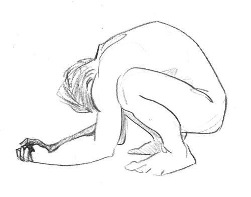 the image is a pencil sketch of a nude human figure. the figure is crouched down, with its head bowed and arms extended. the pose is dynamic and somewhat contorted. the style is gestural, emphasizing movement and form rather than precise detail.  the shading and line work suggest a sense of weight and tension in the figure's posture.  the drawing is done in grayscale, with varying degrees of pressure to create depth and form.
