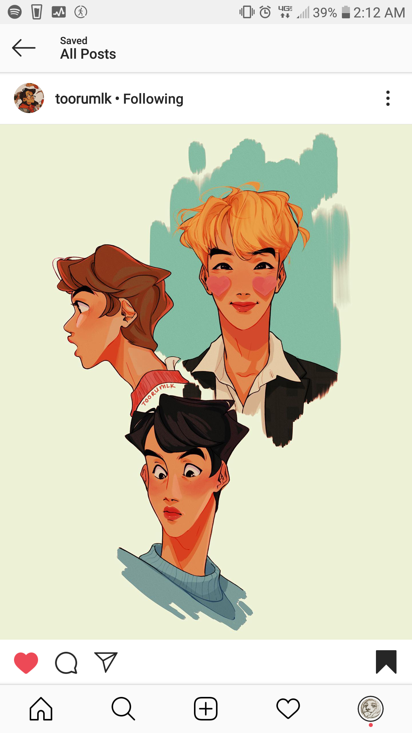 the image is a screenshot of an instagram post featuring an illustration of three men. the men are depicted in a cartoon style with prominent features and bright colors. the first man has brown hair and is looking to the left. the second man has blonde hair, pink heartshaped cheeks, and is smiling. the third man has black hair and is looking up with a surprised expression. the background is a pale yellow color with a green shadow behind the men. the post is from an account named "toorumlk". the image includes the standard instagram interface elements like the heart icon, comment icon, share icon, and save icon.