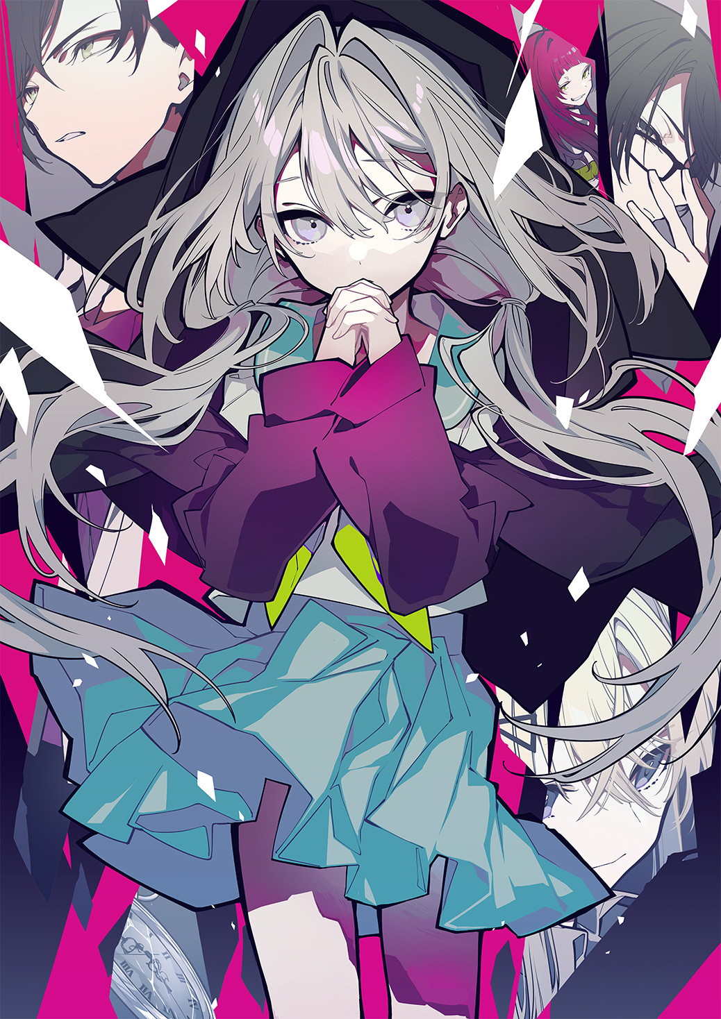 an animestyle illustration featuring a young girl with light gray hair, dressed in a purple jacket, green shirt, and blue skirt that resembles a school uniform. she has expressive eyes and holds her hands together in a thoughtful or apprehensive pose. behind her are various male figures, some wearing black cloaks, set against a fragmented pink background. the artwork incorporates a mangainspired aesthetic with sharp lines and vibrant colors.