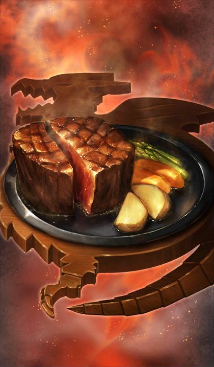 a cooked steak with a slice cut out of it sits on a black platter with asparagus and potato wedges. the platter is set on a wooden stand in the shape of a dragon's head and tail. the background has red and orange tones resembling fire.