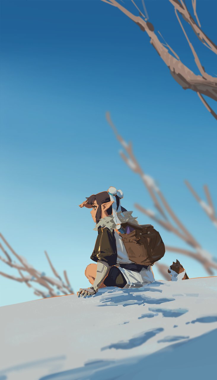 the digital painting showcases a female elflike character, sitting in the snow. she's wearing a darkcolored jacket with lighter clothing underneath.  a brown backpack rests on her back. she's looking off into the distance, her posture suggesting contemplation or peaceful observation. the setting is a snowy landscape under a clear blue sky, with bare branches of trees in the background. the art style has an anime/manga influence with painterly brushstrokes. the overall mood is serene and calm.  a small animal (possibly a cat or dog) is partially visible behind her.