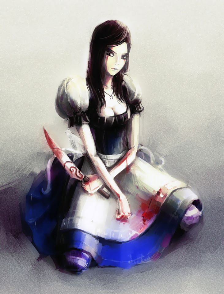 a digital painting in a style reminiscent of anime or manga depicts a young woman who strongly resembles alice from american mcgee's alice video game. she has long dark hair and is wearing a white dress with a blue apron and white puffed sleeves.  her arms are crossed over her lap, and she clutches a bloody knife.  blood stains are visible on her dress and arms. her expression is serious and somewhat melancholic. the overall style is dark and slightly gothic with a painterly, impressionistic feel.  the background is a simple, muted grey.