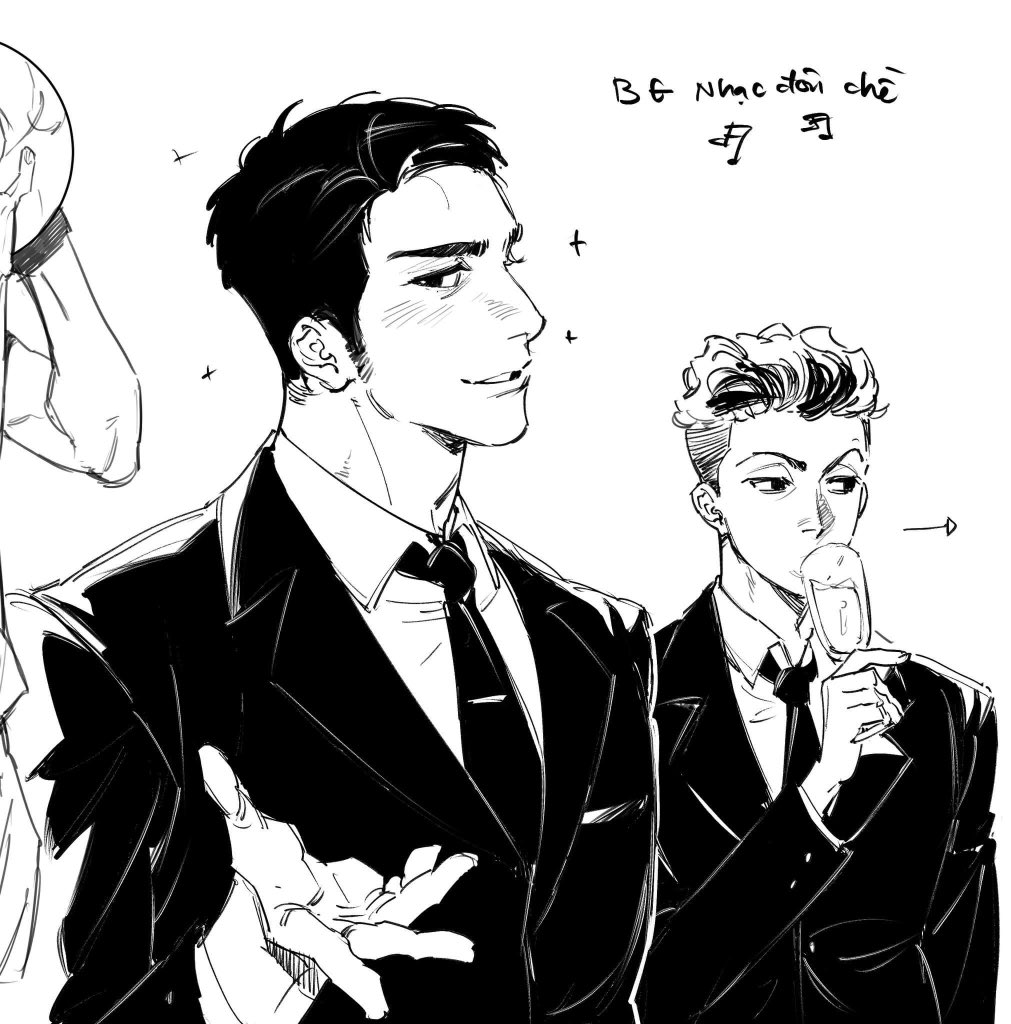 the image shows two anime men in suits. the man on the left is holding his hand out, palm up, and the man on the right is holding a glass of champagne to his lips. the image is drawn in black and white and has a very stylish aesthetic. the men both look very handsome and elegant. the background is simple and white, which emphasizes the men and their suits. the image is drawn in a very detailed and realistic style.