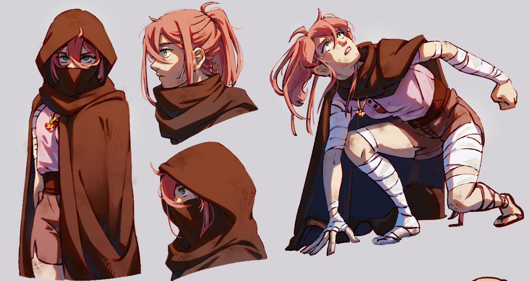 the image showcases a digital painting of an animestyle female character in multiple poses.  the character has pink hair, often styled in a ponytail, and wears a brown hooded cloak and a light pink top. she also has bandages wrapped around her legs and lower arms. in some poses, a black mask conceals her lower face. the art style is dynamic and slightly painterly, with visible brushstrokes. the different angles and poses provide a comprehensive look at the character's design and potential movements.  the overall impression is of a young, adventurous, perhaps somewhat secretive, female character.