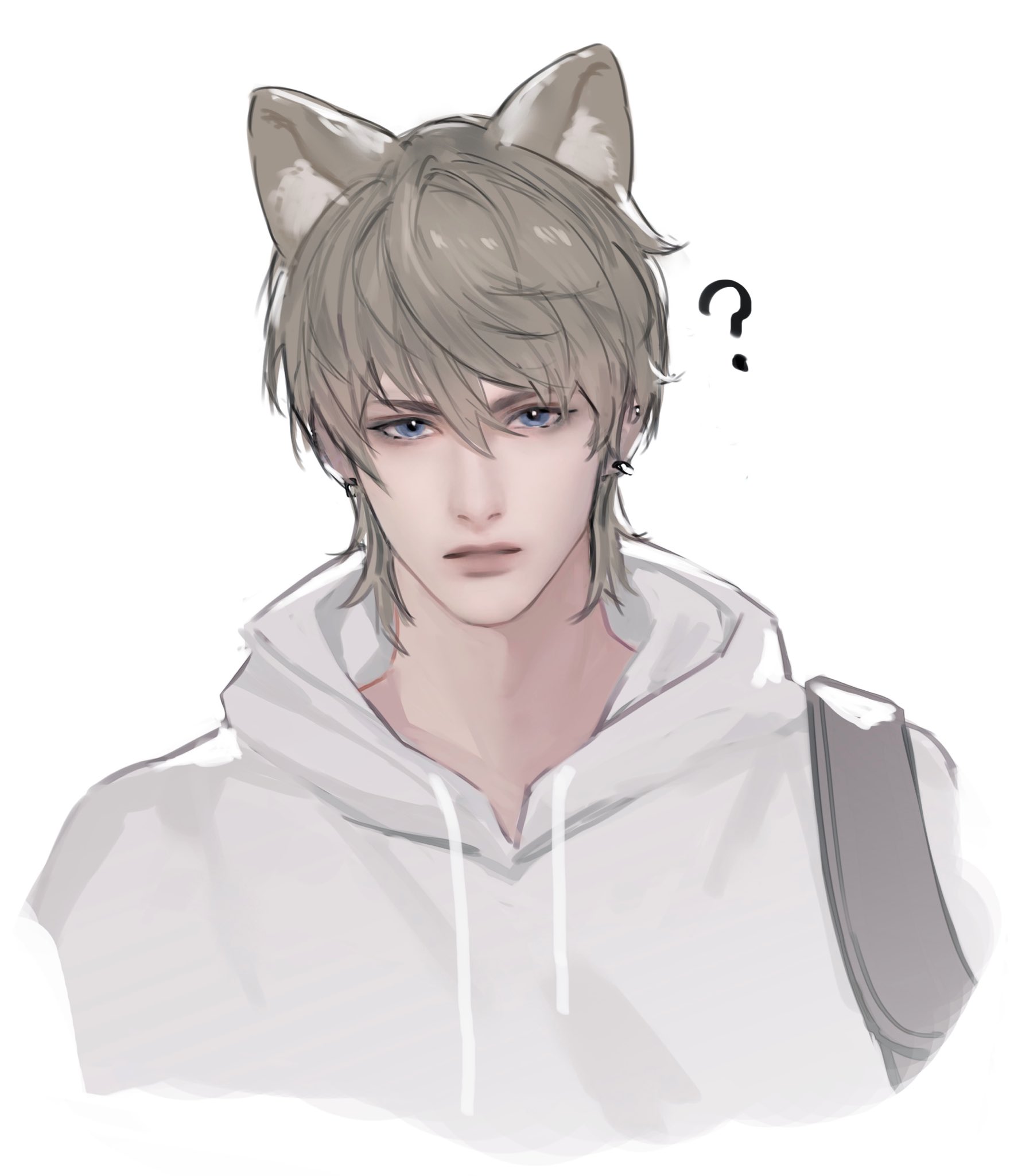 a digital illustration of an anime boy with wolf ears and a hoodie looking confused. he has gray hair and blue eyes and is wearing a white hoodie with a gray strap going over his shoulder. he has a question mark above his head. the art style is cartoonish and cute.