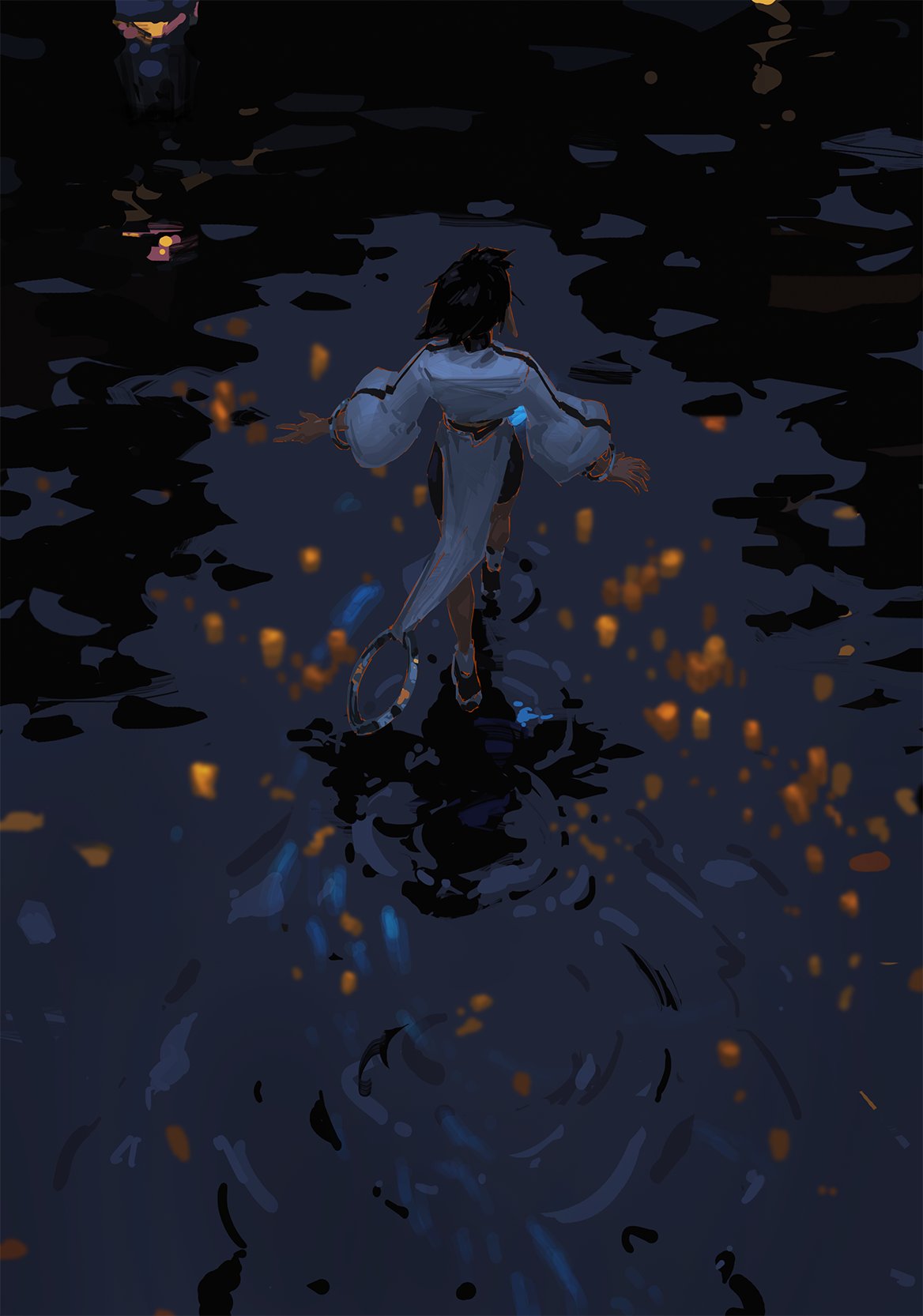 a digital painting depicting a young woman in a flowing white robe walking across a dark body of water at night. the water is reflecting lights that appear to be floating, creating a mystical and atmospheric scene. the woman's back is turned to the viewer, and her long dark hair flows behind her. the overall mood is serene and peaceful, but with a touch of mystery.