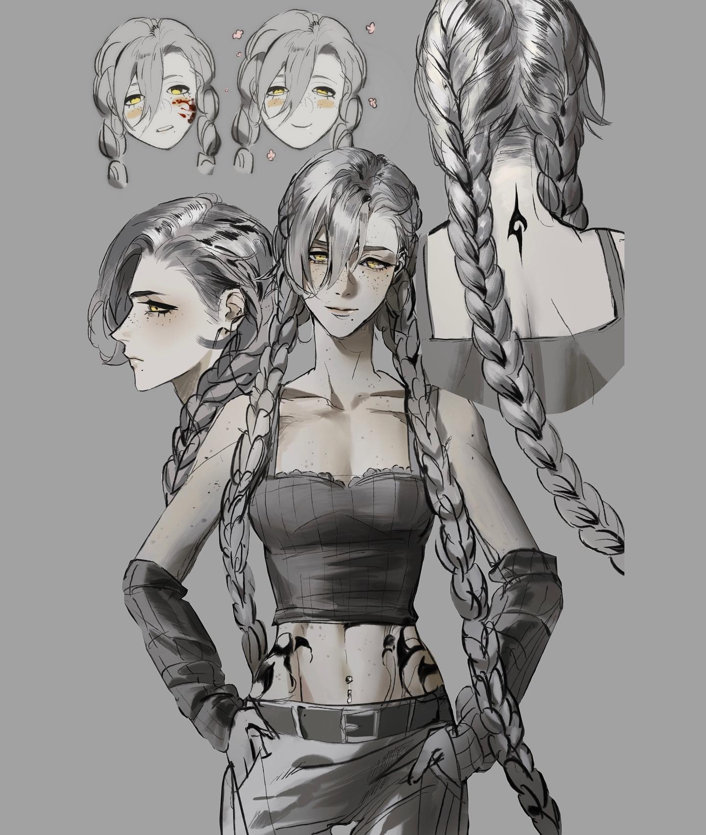 a grayscale digital drawing of a young woman with long, gray hair styled in two braids. she has a tribal tattoo on her lower back and stomach and is wearing a black crop top and lowwaisted pants. there are several smaller sketches of her head and face around the main image, showcasing different expressions.