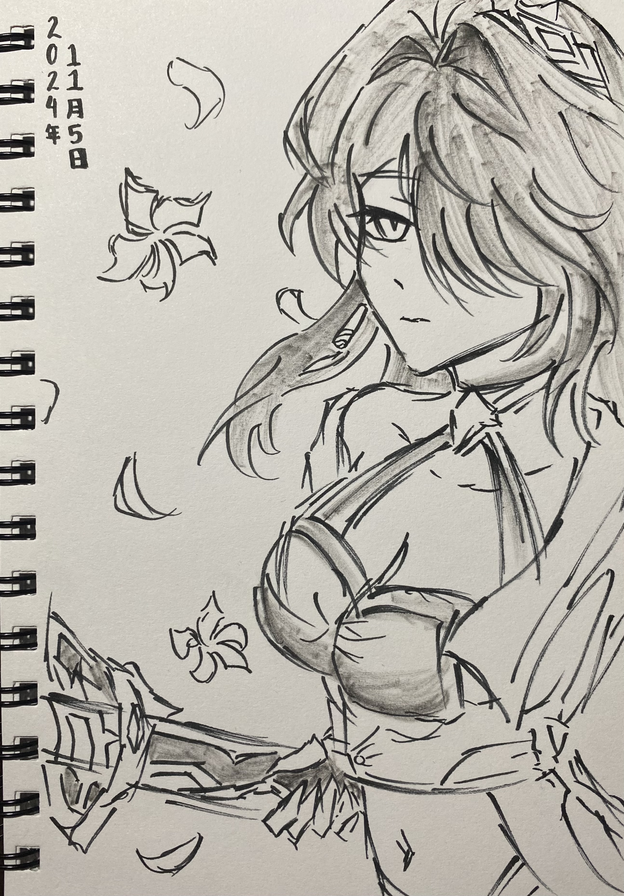 the image is a grayscale pencil sketch on a notebook page. the sketch depicts an animestyle young woman with long, flowing hair and an elaborate outfit.  the style is detailed and shows a graceful pose. delicate floral elements are scattered in the background, adding a touch of fantasy. the notebook page includes a date written in japanese characters, corresponding to april 5th, 2024. the overall style suggests a character design or an illustration from a fantasy setting.