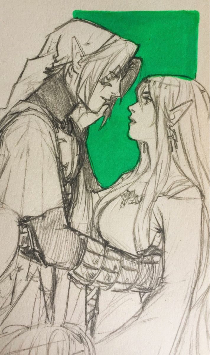 a detailed sketch shows zelda and link, characters from the legend of zelda video game series. the artwork is done in an animestyle drawing. link, on the left, gently touches zelda's face, who looks up at him. a bright green color blocks out some of the background behind the characters.