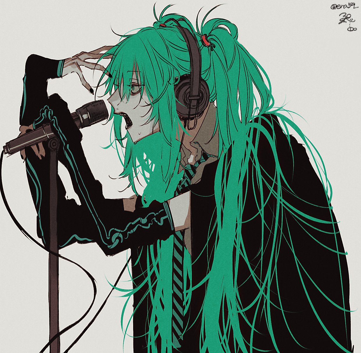 the image is a stylized digital drawing or painting of an animestyle female character, strongly reminiscent of hatsune miku, singing into a microphone. she has vibrant teal or green hair styled in twintails, and is wearing black clothing and headphones. her pose is dynamic and expressive, suggesting a powerful vocal performance. the art style is detailed and dark, with a slightly gritty texture to the image. the overall aesthetic is both dramatic and stylish.