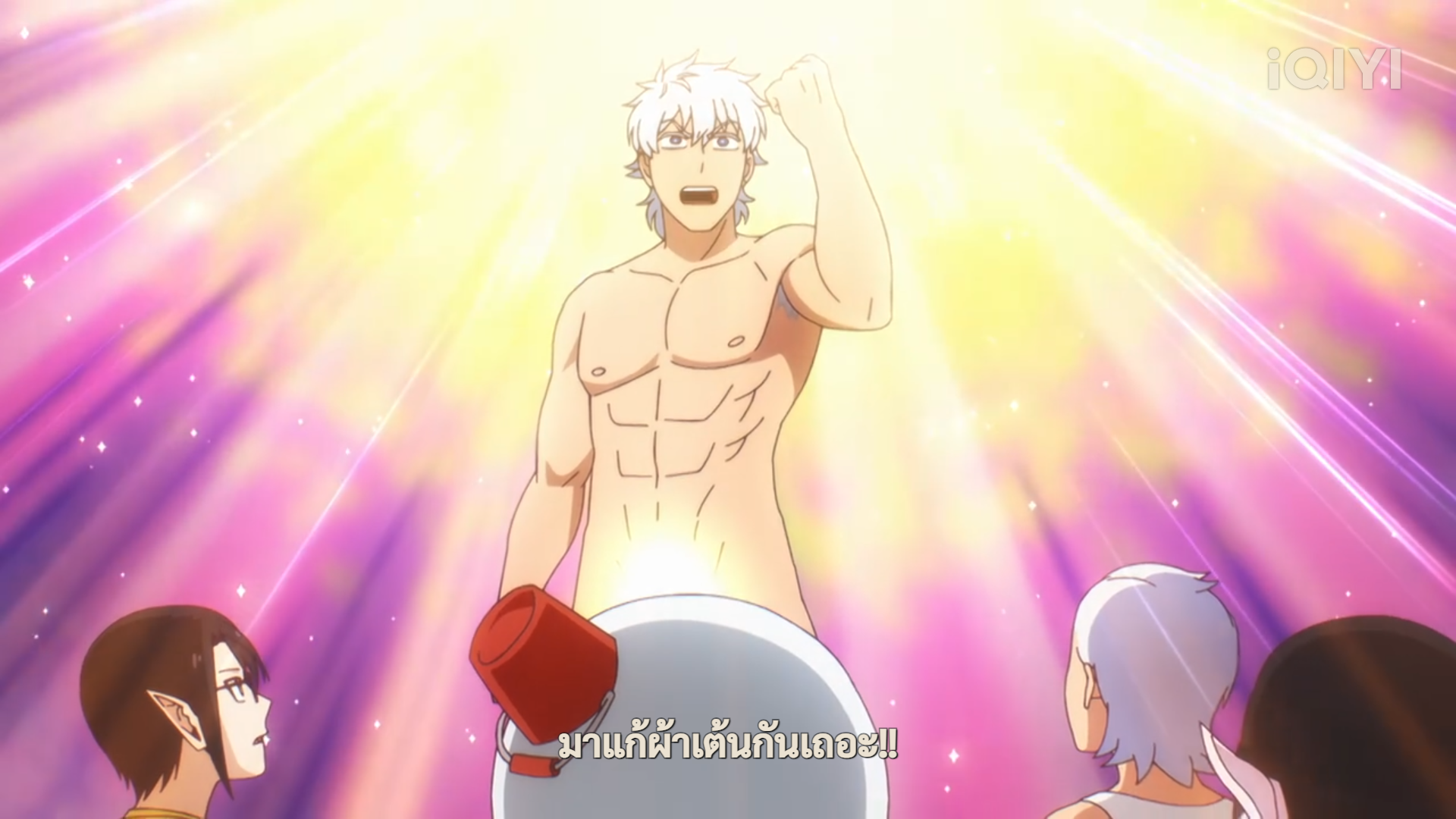 the image depicts a scene from an anime with a comedic and exaggerated tone.  a muscular, shirtless man with white hair stands on a platform, holding a red bucket and lid, illuminated by a bright, sparkling light. he appears to be making a grand gesture or announcement, judging by his expression and pose. three women with varying appearances and expressions look on, seemingly surprised or bewildered. the scene takes place indoors, with a backdrop reminiscent of a stage curtain. the overall color palette is bright and pastelheavy, further emphasizing the comedic and lighthearted nature of the scene.