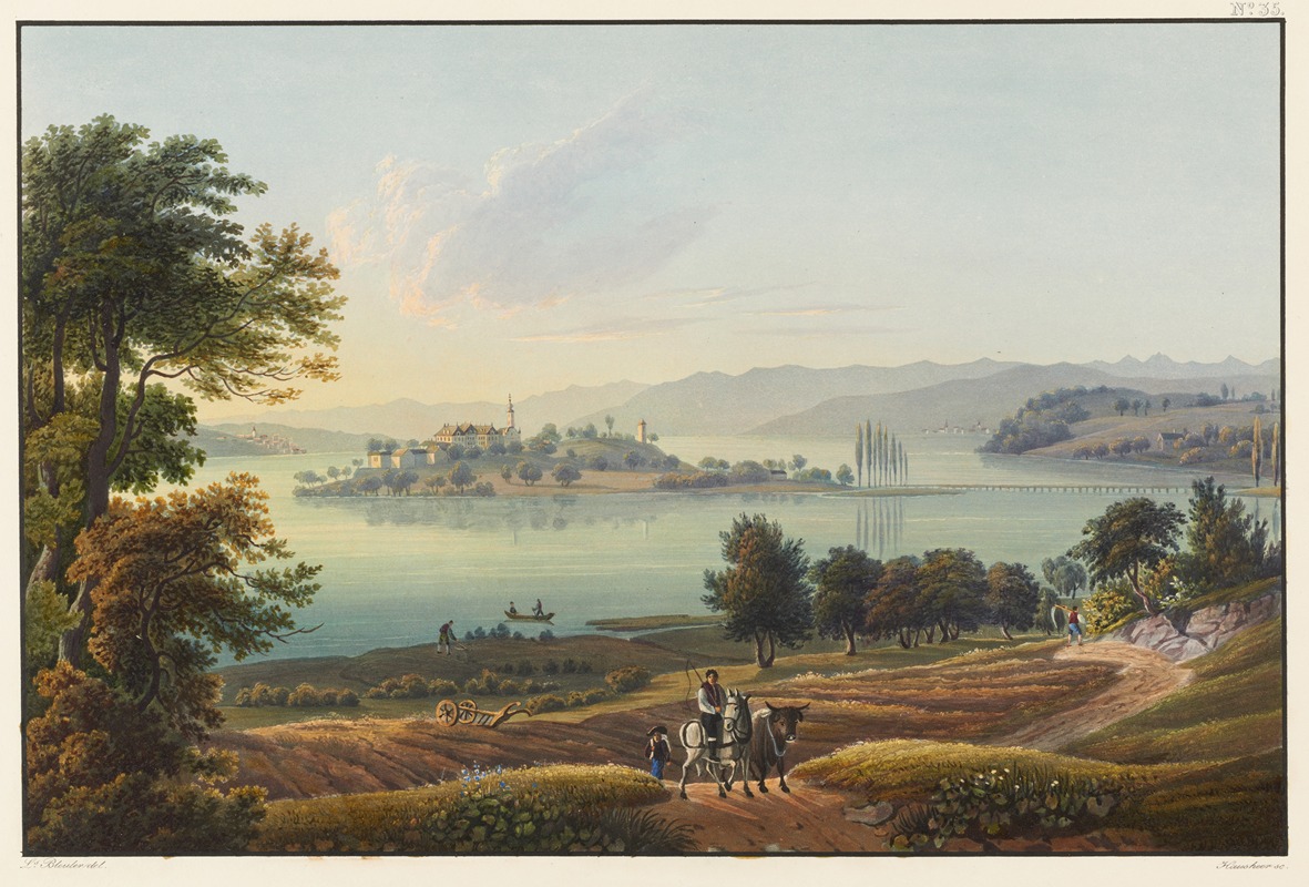 a landscape painting depicting a rural scene with a lake in the middle ground. an island with a village and buildings, including a prominent church spire, sits in the lake. mountains are visible in the background under a sky with scattered clouds and soft sunlight. in the foreground, agricultural fields with plows and oxen being led by figures are present. a road winds through the landscape. a boat is sailing on the lake. trees dot the scene.