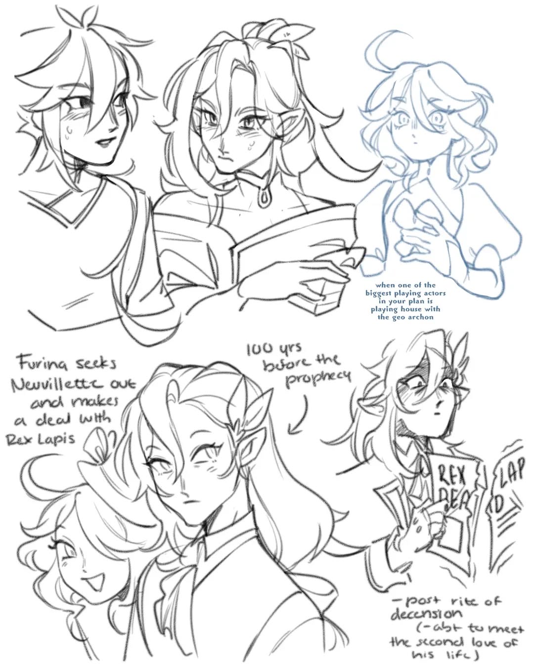 he image contains several sketches and drawings of characters, seemingly from the game genshin impact.  the sketches are primarily in pencil or light ink, and show different characters, including what appear to be neuvillette and furina, and perhaps rex lapis. some sketches are more detailed than others.  there are text annotations on the drawings giving context or narrative information;  phrases like "100 yrs before the prophecy," "furing seeks neuvillette out and makes a deal with rex lapis," and "post rite of descension (abt to meet the second love of his life)" are visible.  the style is expressive and slightly loose, typical of concept art or character design sketches.  the overall impression is of character development and story brainstorming around these genshin impact figures.