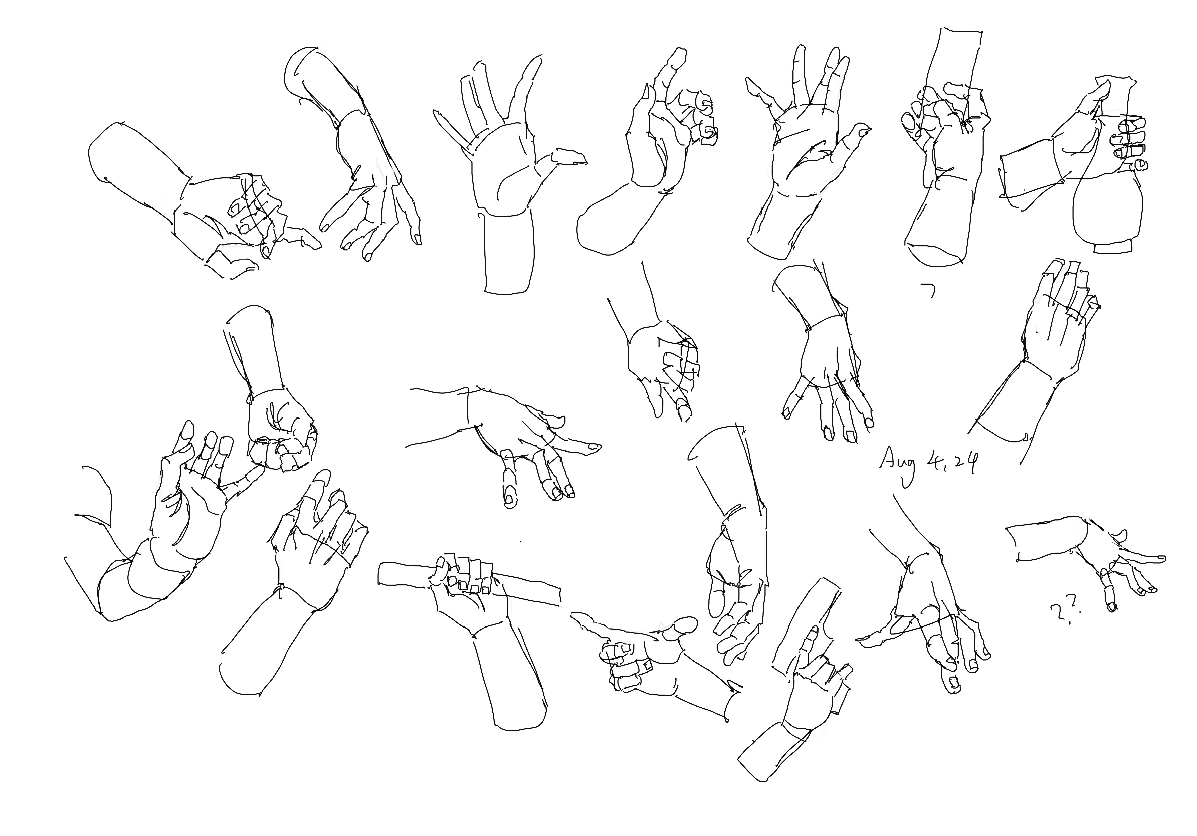 the image showcases a collection of hand drawings from various angles and perspectives. it appears to be an artist's practice sheet for studying hand anatomy and gestures. the drawings are done in a simple line art style, likely created with a pen or pencil.