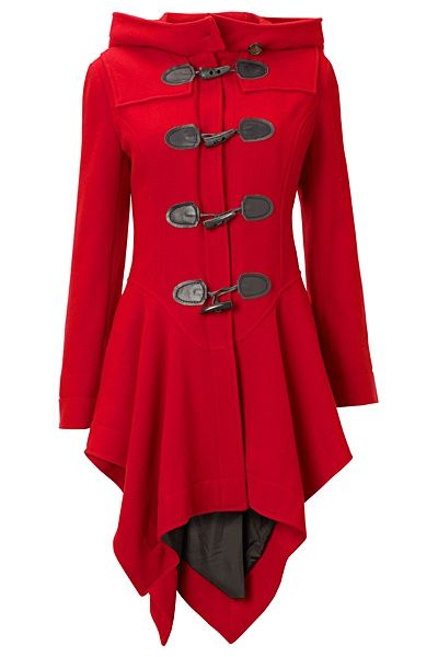 a red wool coat with a hood, long sleeves, and a toggle closure. it has an asymmetric hemline that is longer in the back than the front. the coat is a fall/winter style and would be perfect for keeping warm in the colder months.