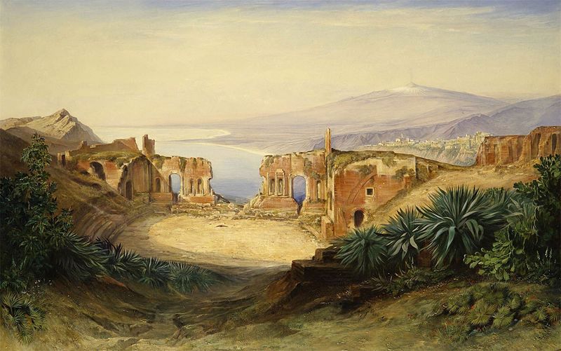 the image is a painting of an italian landscape featuring ancient ruins of an amphitheater overlooking the sea. in the background, there's a mountain range with a snowcapped peak, possibly mount etna. a town is visible on the coastline. the foreground shows various vegetation and trees. the sky is light and hazy. the style is reminiscent of a 19thcentury watercolor or oil painting.