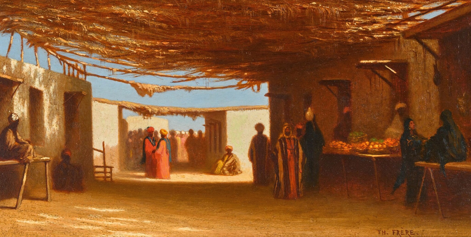 this is an oil painting of a market scene in the middle east by th. frere. there are several people in the painting. the market is under a thatch roof and has multiple buildings and vendor stalls. the painting captures the everyday life and bustling atmosphere of a middle eastern market.