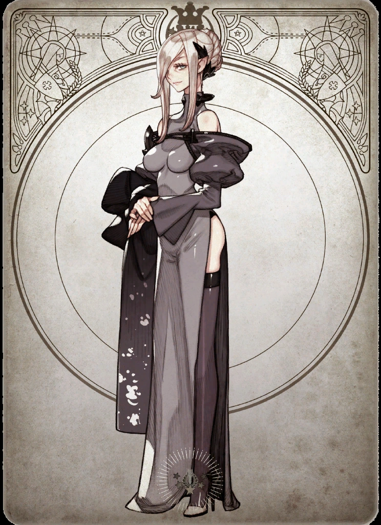 the image showcases a digital illustration of a woman standing gracefully against an art nouveauinspired backdrop. she is dressed in an elegant, formfitting grayishpurple dress with a thighhigh slit and black accents, complemented by long gloves. her long, platinum blonde hair with black streaks falls around her shoulders, highlighting a pair of small horns on her head. she exudes a sense of sophisticated charm within the dimly lit, almost ethereal setting.