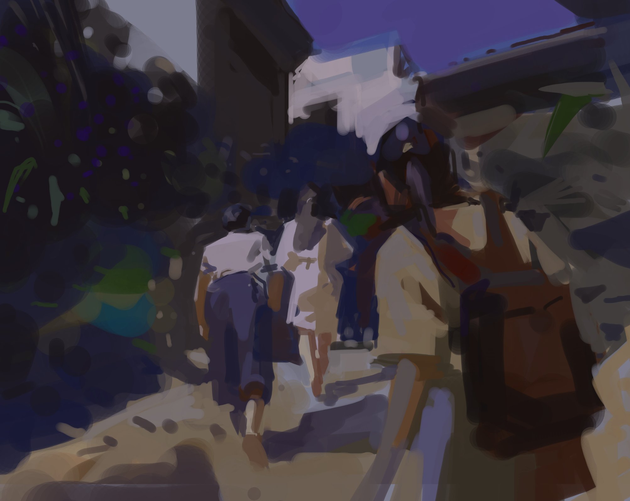 a group of people are walking down a narrow city street. the scene is painted in an impressionistic style, with loose brushstrokes and muted colors. the street is lined with buildings and there are trees and plants on either side. the people are wearing casual clothing and appear to be in a hurry. one of the people is carrying a backpack. the scene is bathed in sunlight, and the shadows are long.