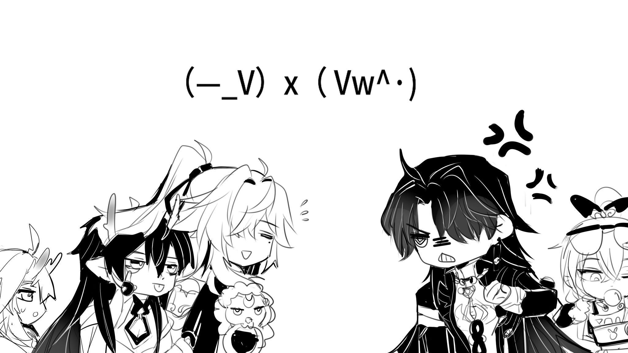 this is a black and white digital drawing of four characters from the popular video game genshin impact. the characters are in their chibi form, with exaggerated features. they appear to be interacting with each other, with some characters smiling and others looking angry. one character is holding a small fluffy toy.  the top left of the image features the text,  "(_v) x (vw^)." the text is possibly a reference to a "ship" (a romantic pairing of characters) in the fandom of the game.