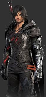a man in fantasy armor stands confidently. he has dark hair and a slight beard. he wears black and silver armor with red accents and a hooded cloak. a sword is strapped to his back. he also has a dagger on his left side.
