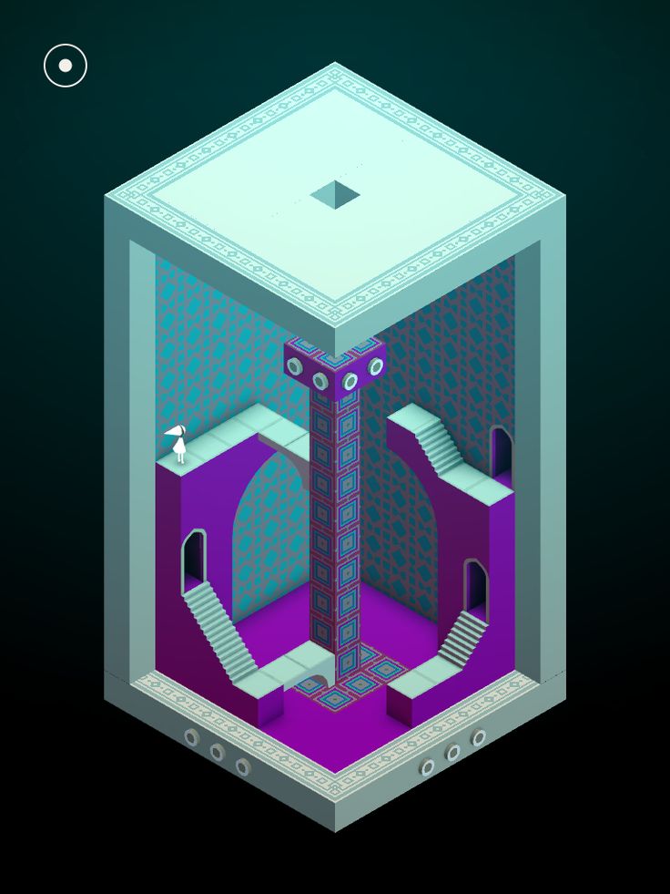 the image is an isometric view of a building featuring impossible geometry and optical illusions. it resembles the style of the game monument valley. the building has a purple and teal color scheme and includes staircases that seem to defy gravity, archways, a central column, and a small figure navigating the structure. the building has patterned walls and is enclosed within a boxlike frame with decorative details.