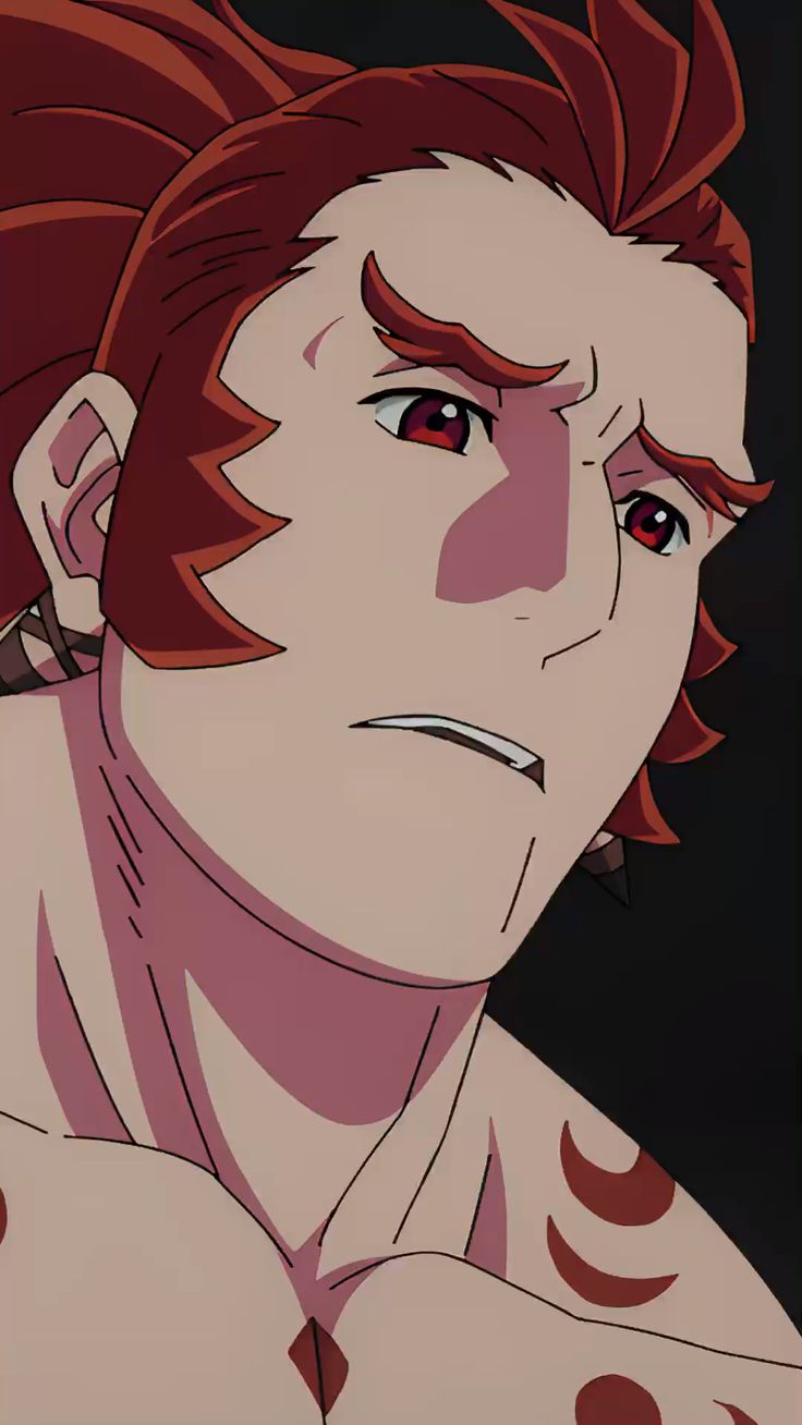 this is a closeup illustration of a man with stylized features from an anime or manga. he has a strong, serious expression with furrowed brows and downcast eyes.  his features are angular, and he has bright red hair styled upwards. he has a muscular physique and visible crescent moon tattoos on his shoulders. the background is dark, focusing the attention on the man's face and expression.  the overall color palette is warm, dominated by shades of red and brown.