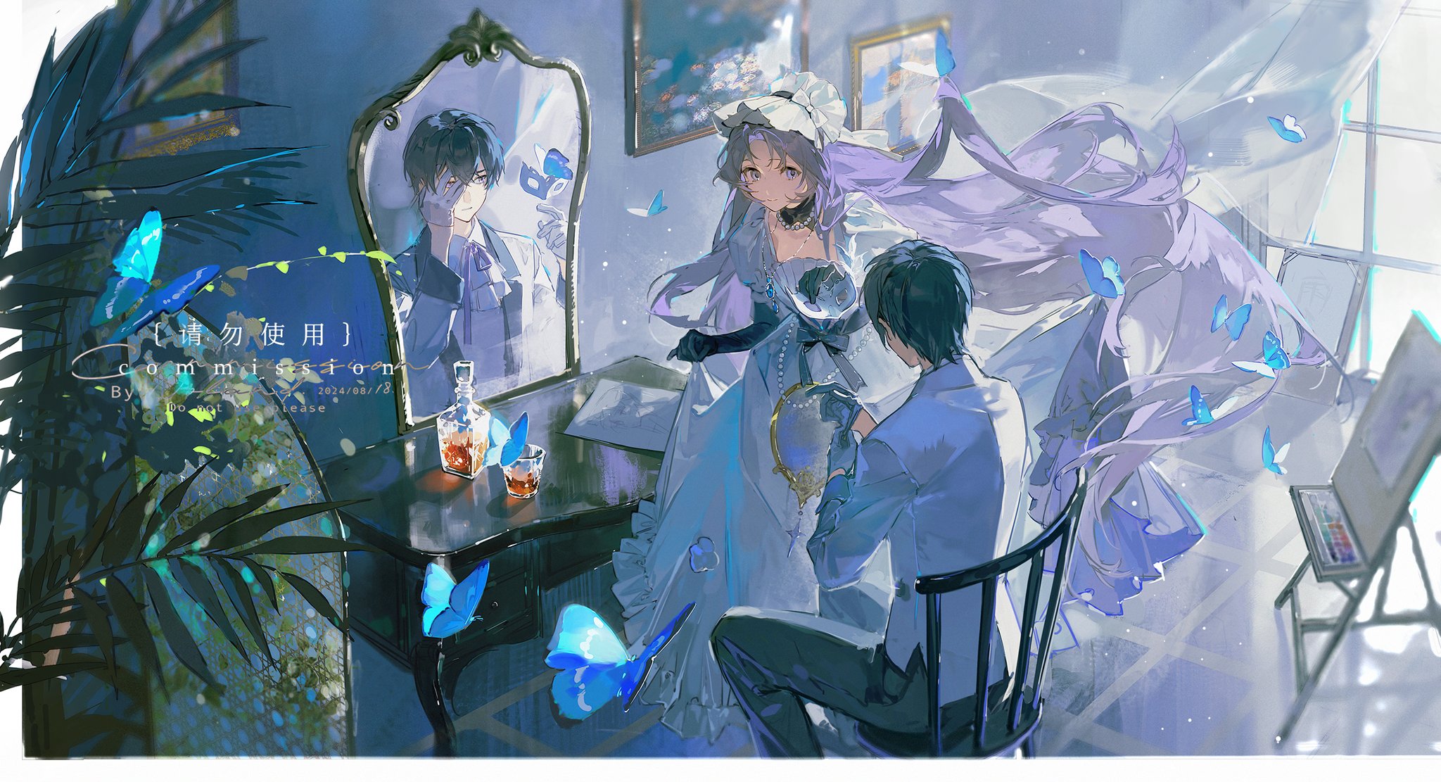 the image depicts a woman in a white and blue dress standing in a room with blue butterflies fluttering around her. a man is seated, sketching her, while another man, possibly the same person, is visible in the mirror, holding a glass. there's a bottle and another glass on the table beside the mirror.  the room is filled with soft light, creating a dreamy atmosphere. the scene is evocative of a romantic moment captured through art.