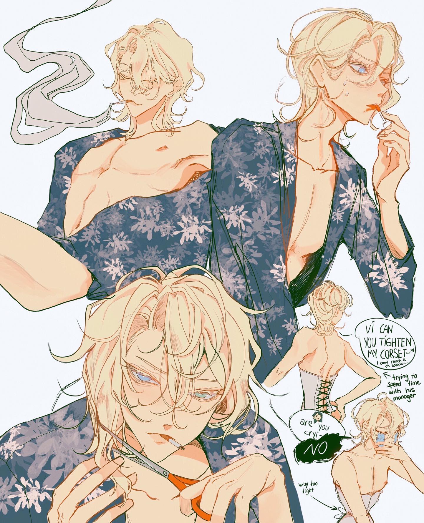 he image showcases a collection of artistic depictions of a stylish blondehaired male character in various poses.  the art style is reminiscent of anime and manga, with soft lines and a pastellike color palette. the character is shown shirtless in some frames, wearing a floral kimono in others, and also shown in various stages of getting his hair cut and wearing a corset.  text bubbles add narrative elements, indicating a dialogue about his corset and his attempt to spend time with his manager. the overall aesthetic is visually appealing and emotionally evocative.