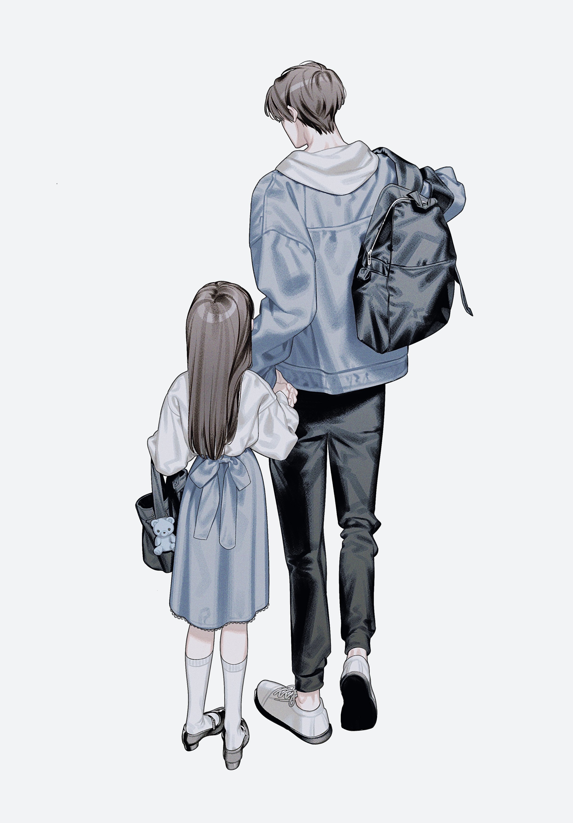 the image is an animestyle illustration of a man and a young girl walking handinhand.  they are viewed from behind. the man is wearing a denim jacket, dark pants, and sneakers, and carries a black backpack. the girl is wearing a light blue dress and white socks with shoes. both figures are drawn in a soft, muted color palette of blues and grays, creating a calm and peaceful atmosphere.  the style is clean and detailed, focusing on the characters' poses and clothing. the overall feeling evokes a sense of tenderness and companionship.